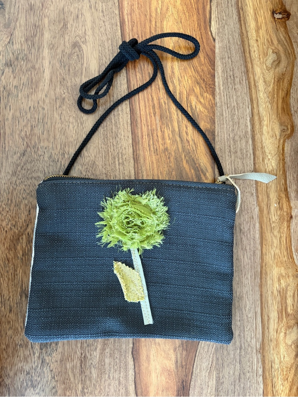 Black Crossbody Bag with Green Floral Applique